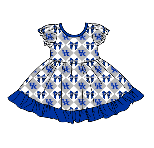 CUSTOM MOQ 5 Baby Girl Blue Bow Plaid Short Sleeve Team Knee Length Dresses