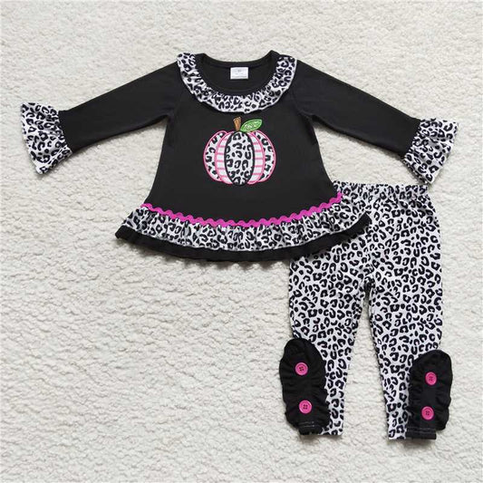 GLP0717Black pumpkin ruffle top leopard leggings girls fall clothes