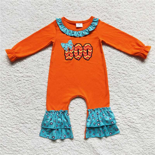LR0619Boo spider orange ruffle baby girls Halloween romper