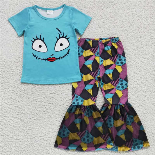 GSPO0821 Sally cartoon smiley face blue short-sleeved patchwork black gauze trousers suit