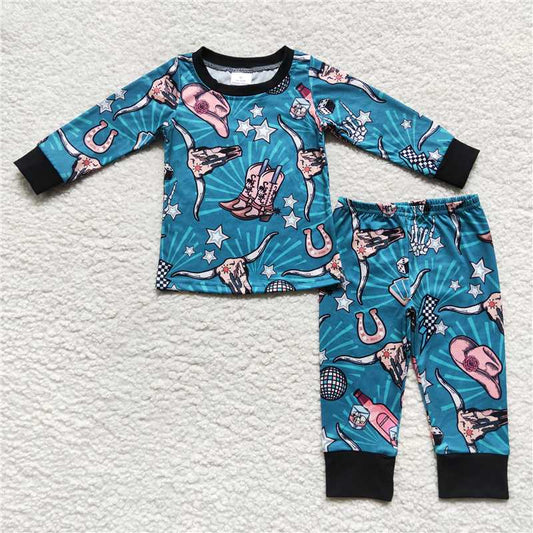 BLP0305Bull skull cactus kids boy western pajamas