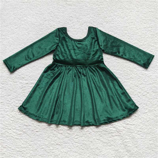 GLD0336  Baby Girls Green Long Sleeve Velvet Knee Length Dresses