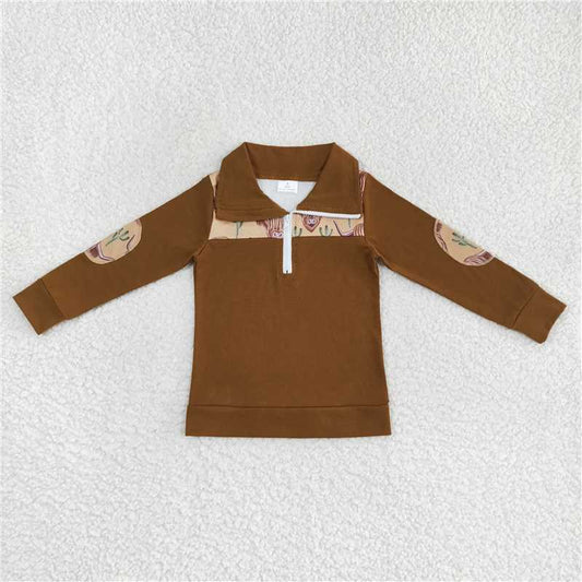 BT0298 Baby Boys Brown Cactus Highland Cow Long Sleeve Elbow Pullover Tee Shirt Tops