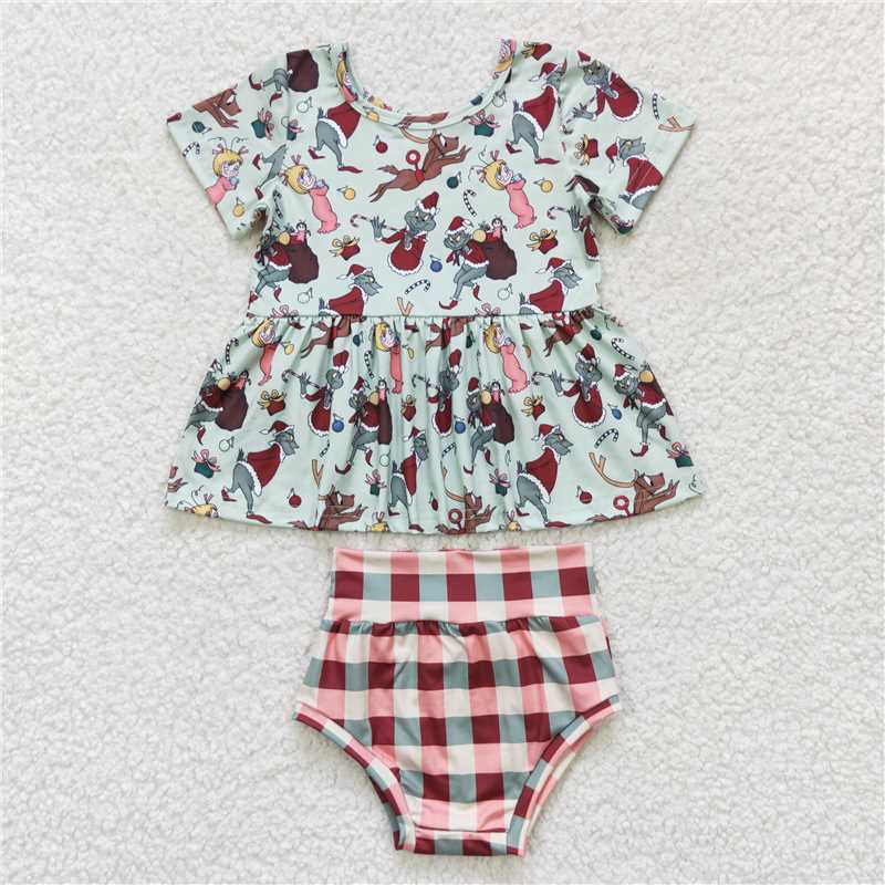 GBO0187  Baby Girls Green Christmas Deer Frog Checkered Bummie Sets