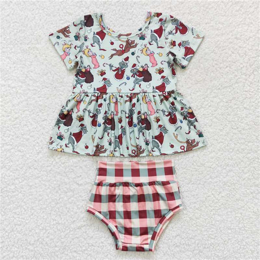GBO0187  Baby Girls Green Christmas Deer Frog Checkered Bummie Sets