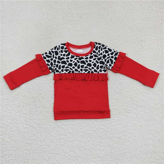 GT0295  Baby Girls Red Cow Print Ruffle Long Sleeve Tee Shirts Tops