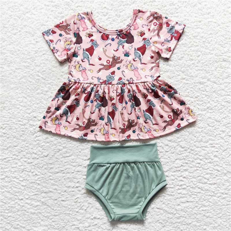 GBO0188  Baby Girls Pink Christmas Deer Frog Bummie Sets