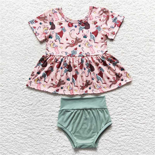 GBO0188  Baby Girls Pink Christmas Deer Frog Bummie Sets