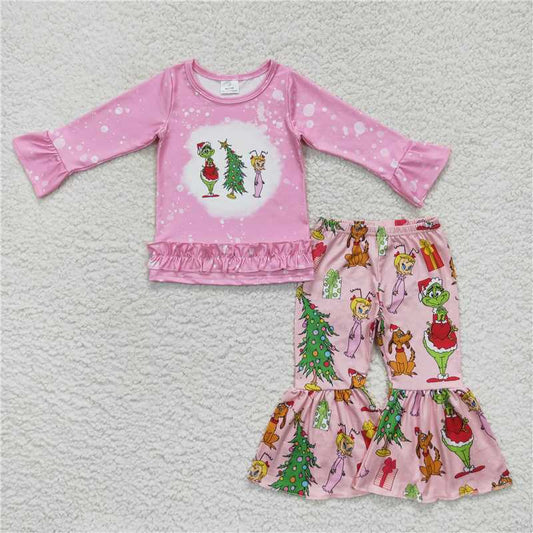 RTS NO MOQ （In stock） GLP0576 Baby Girls Winter Outfits Cartoon grinch girl Christmas tree pink lace trousers set