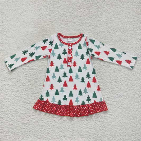 GLD0404 Baby Girls Christmas Tree Long Sleeve Knee Length Dresses
