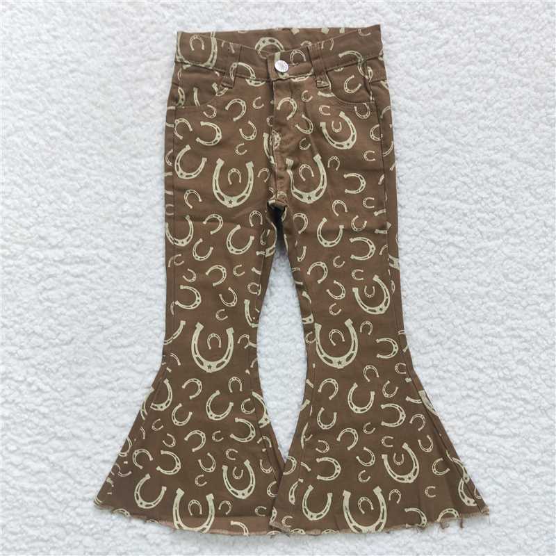 P0227  Baby Girls Western Horse Shoe Brown Denim Bell Pants