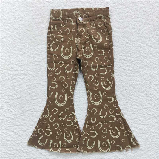 P0227  Baby Girls Western Horse Shoe Brown Denim Bell Pants