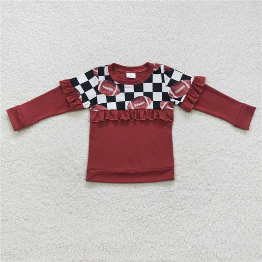 GT0300  Baby Girls Football Black Checkered Long Sleeve Ruffle Tee Shirt Tops