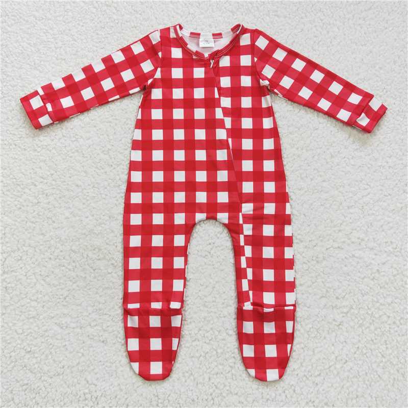 RTS LR0549 Red and white plaid zipper long-sleeved jumpsuit