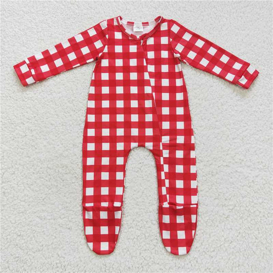 RTS LR0549 Red and white plaid zipper long-sleeved jumpsuit