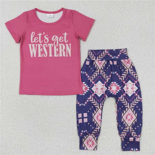 GSPO0727 Let's get western pink short-sleeved aztec pattern trousers set