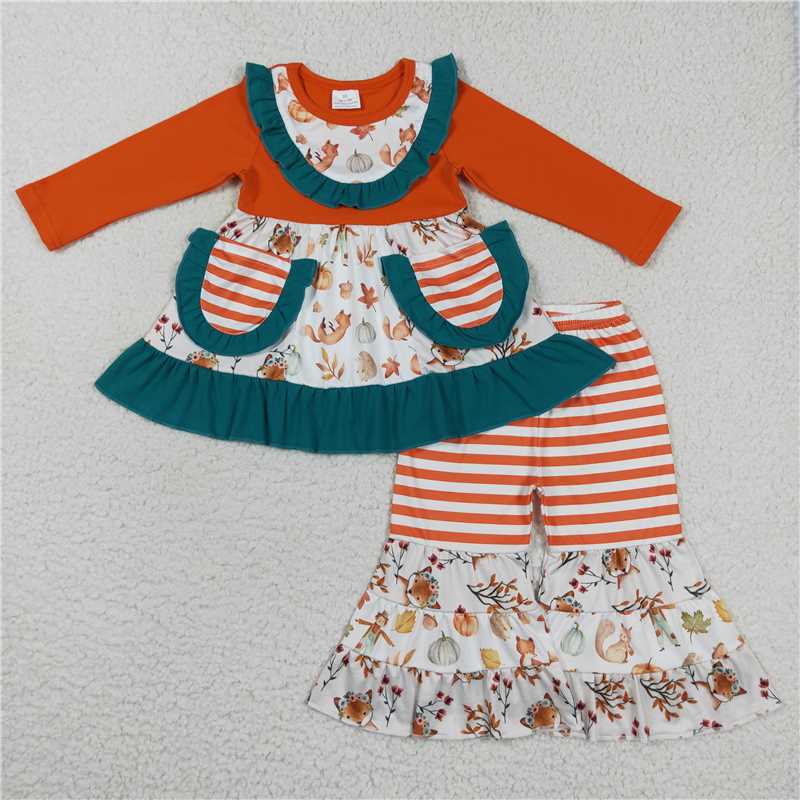 GLP0743Pumpkin scarecrow fox pockets patchwork girls fall clothes