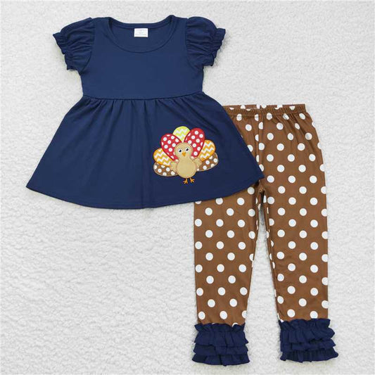 GSPO0795 Embroidered turkey navy short-sleeved polka dot brown and yellow trousers suit