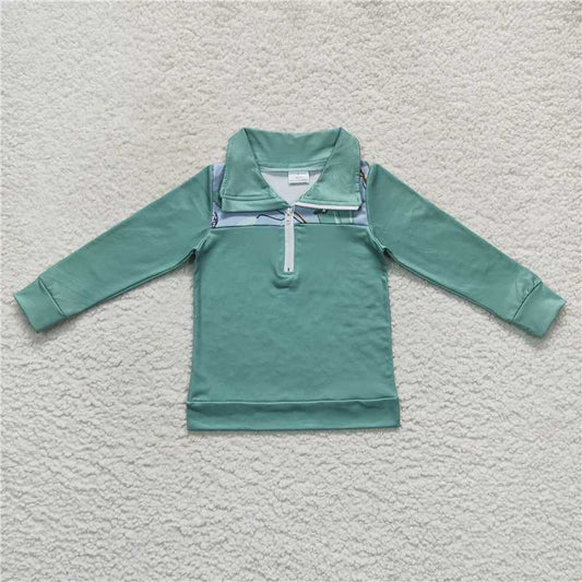 BT0335  Baby Boys Green Fishing Patchwork Long Sleeve Zip Pullover Tops