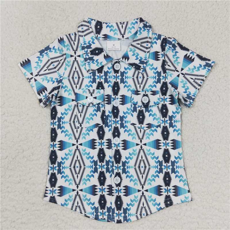 BT0316 Baby Boys Teal White Aztec Western Short Sleeve Buttons Shirts Tops