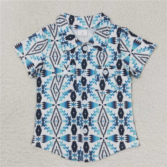 BT0316 Baby Boys Teal White Aztec Western Short Sleeve Buttons Shirts Tops