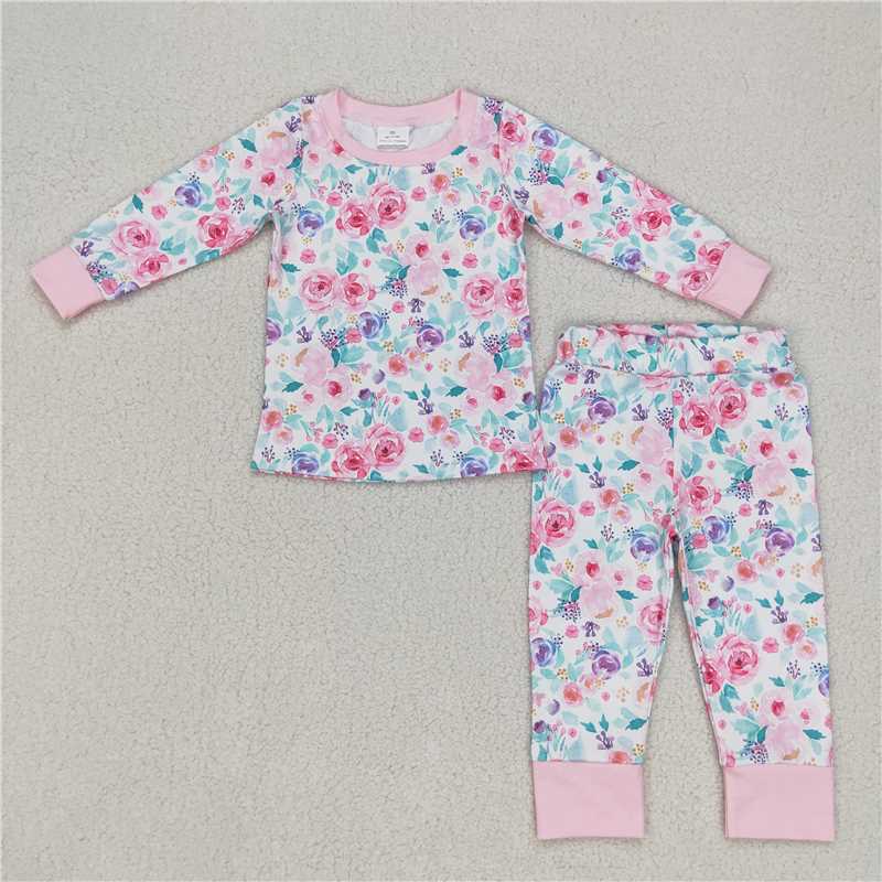 GLP0742Pink floral long sleeves baby girls pajamas