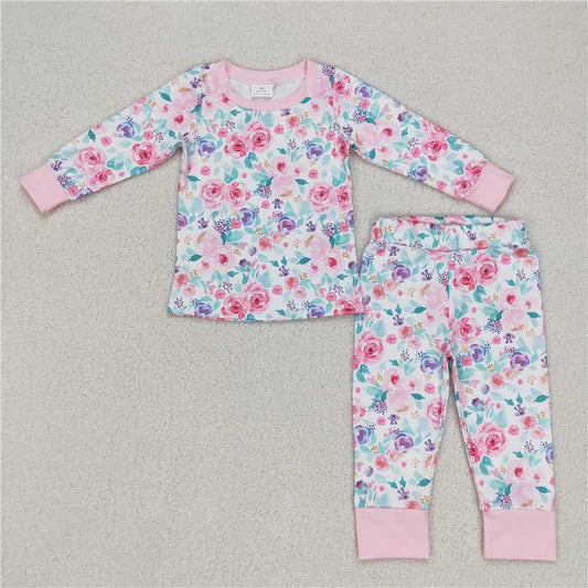 GLP0742Pink floral long sleeves baby girls pajamas