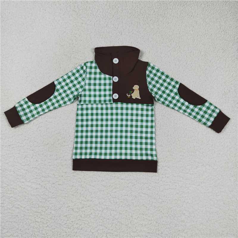 BT0301  Baby Boys Hunting Green Checkered Long Sleeve Elbow Pullover Tee Shirt Tops