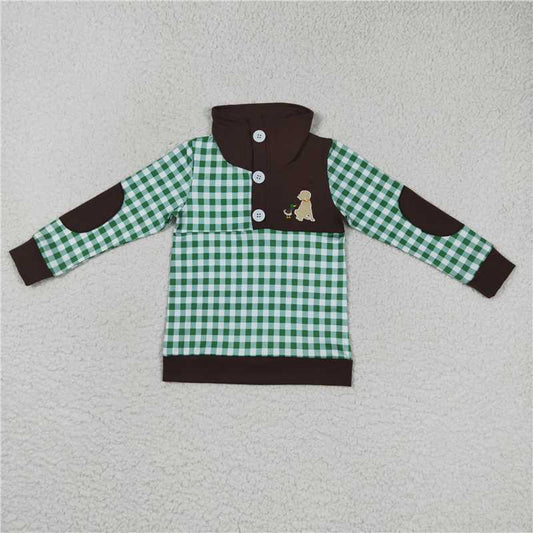 BT0301  Baby Boys Hunting Green Checkered Long Sleeve Elbow Pullover Tee Shirt Tops