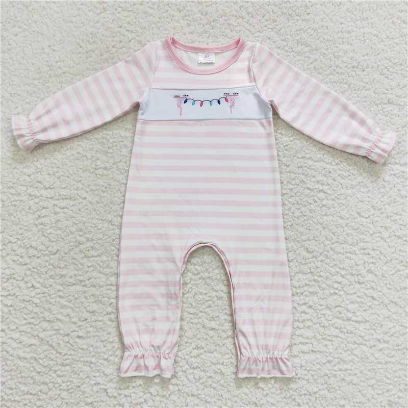LR0582Christmas lighting pink stripe baby girls romper