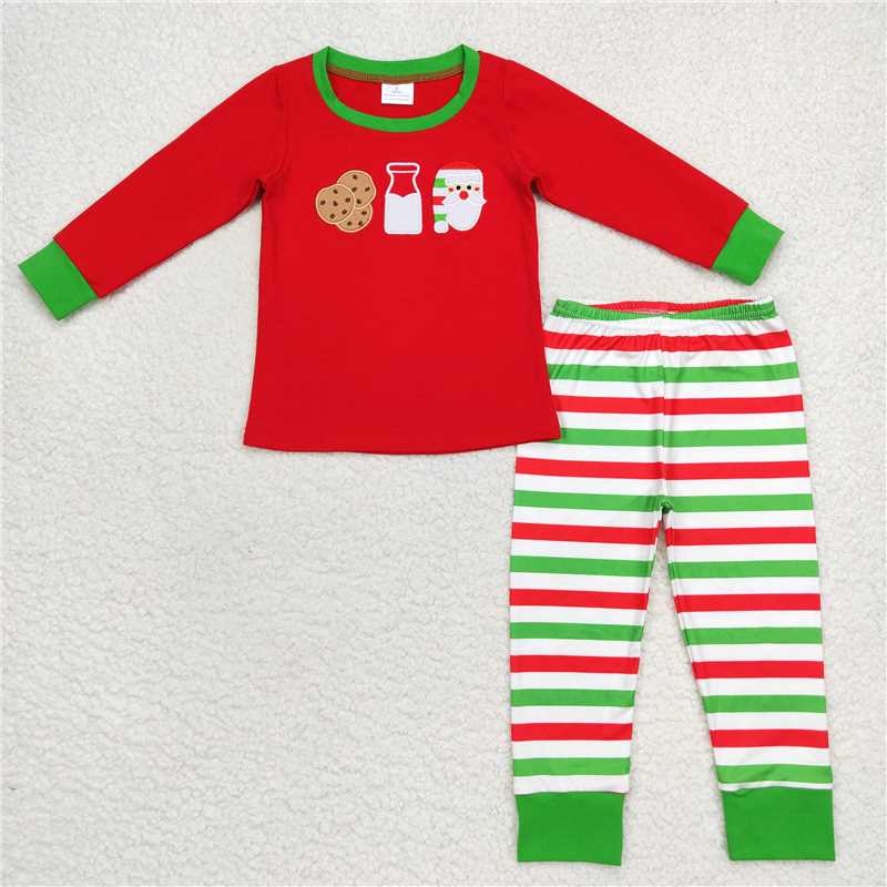 12.6 RTS NO MOQ （In stock）Matching Christmas BLP0313 Baby Boys Red Cookie Milk Santa Stripes Pants Pajamas Clothes Sets