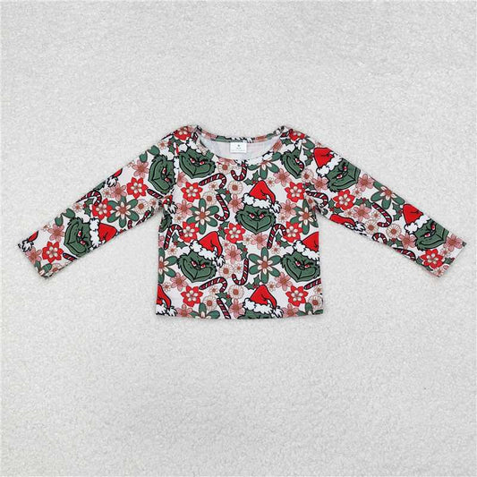 GT0326  Baby Girls Christmas Green Frog Flowers Long Sleeve Tee Shirts Tops