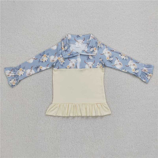 GT0301  Baby Girls Cow Flowers Long Sleeve Pullover Ruffle Tee Shirt Tops