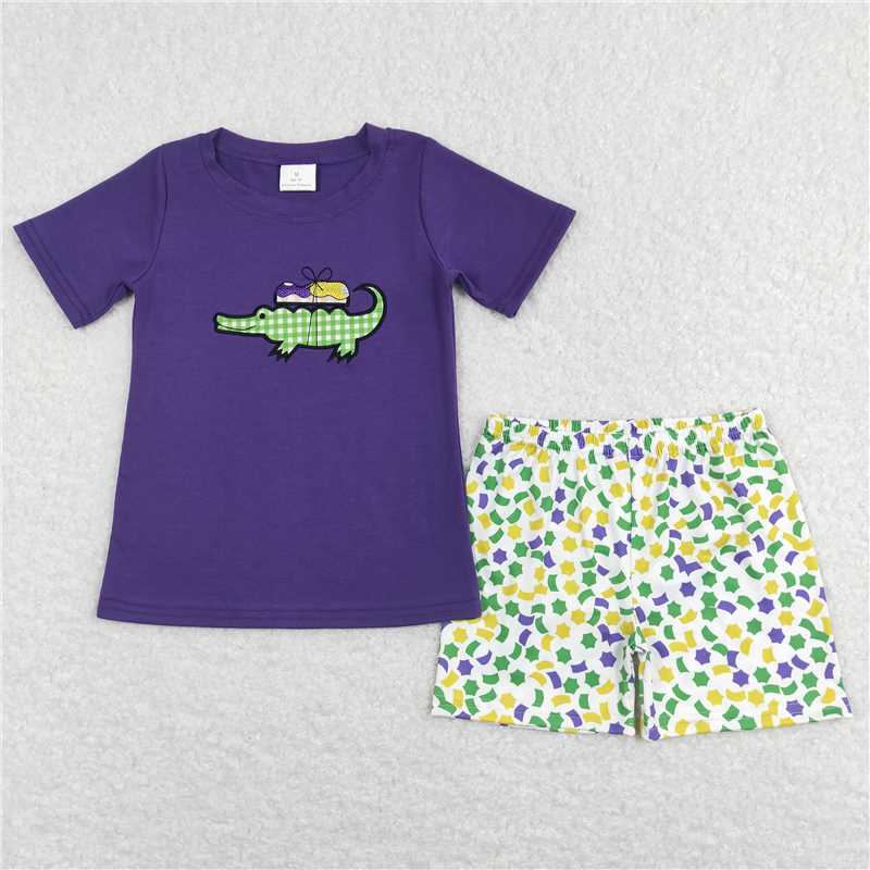 12.19 RTS NO MOQ （In stock）BSSO0410 Baby Boys Mardi Gras Crocodile Shirt Shorts Outfits Clothing Sets