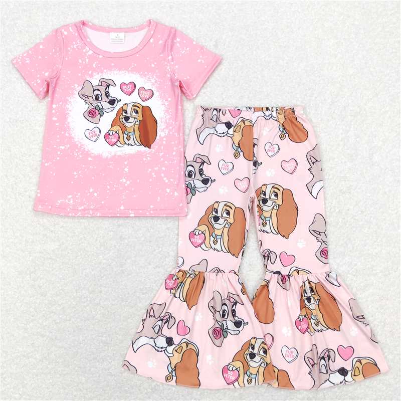 11.12 RTS NO MOQ （In stock）Matching Valentines GSPO1233 Baby Girls Pink Dogs Valentines Tee Top Bell Bottom Pants Clothes Sets