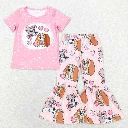 11.12 RTS NO MOQ （In stock）Matching Valentines GSPO1233 Baby Girls Pink Dogs Valentines Tee Top Bell Bottom Pants Clothes Sets
