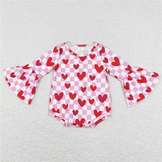 LR0865 Pink plaid heart long sleeves girls valentines romper