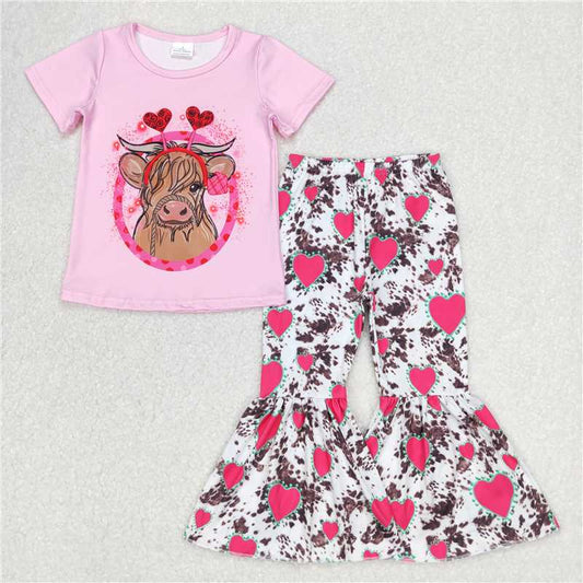 GSPO0416 Girls' alpine cow heart pink short-sleeved trousers suit