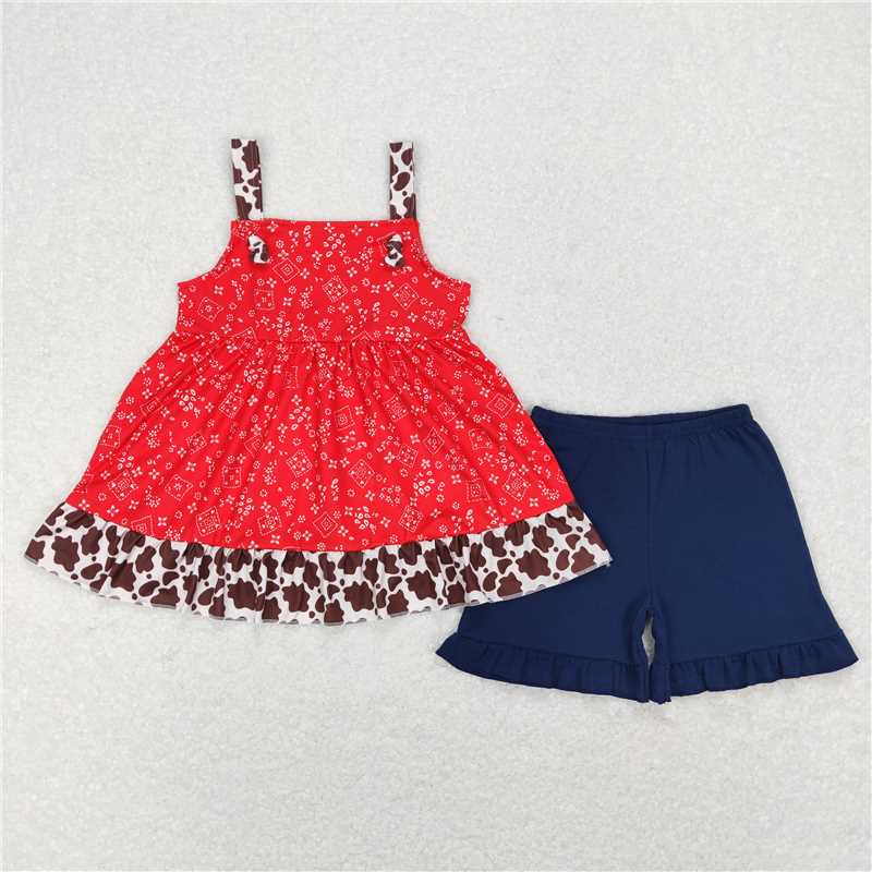 GSSO0464Suspender cow ruffle tunic shorts girls summer clothes