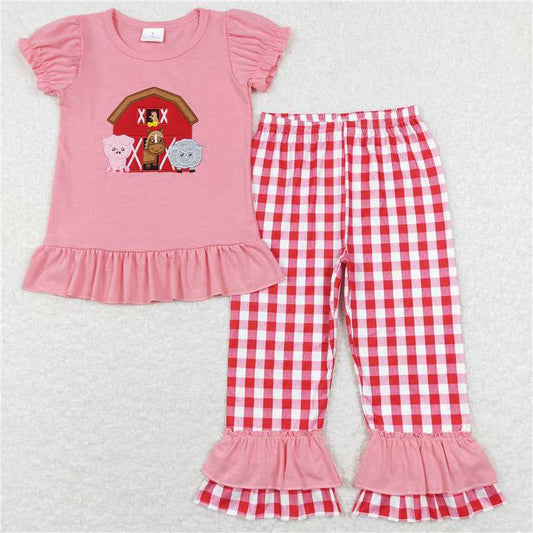 Embroidery farm animals red house pig horse sheep pink short sleeve red and white plaid trousers suit