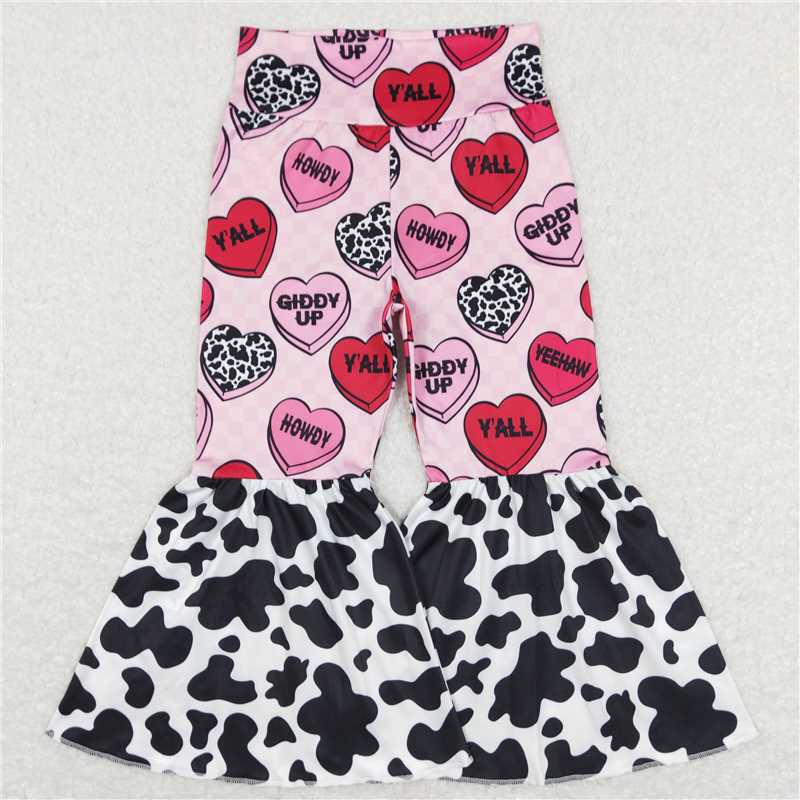 P0344 P0335 P0369 Pink Valentine's Day patchwork black and white cow pattern flared pants
