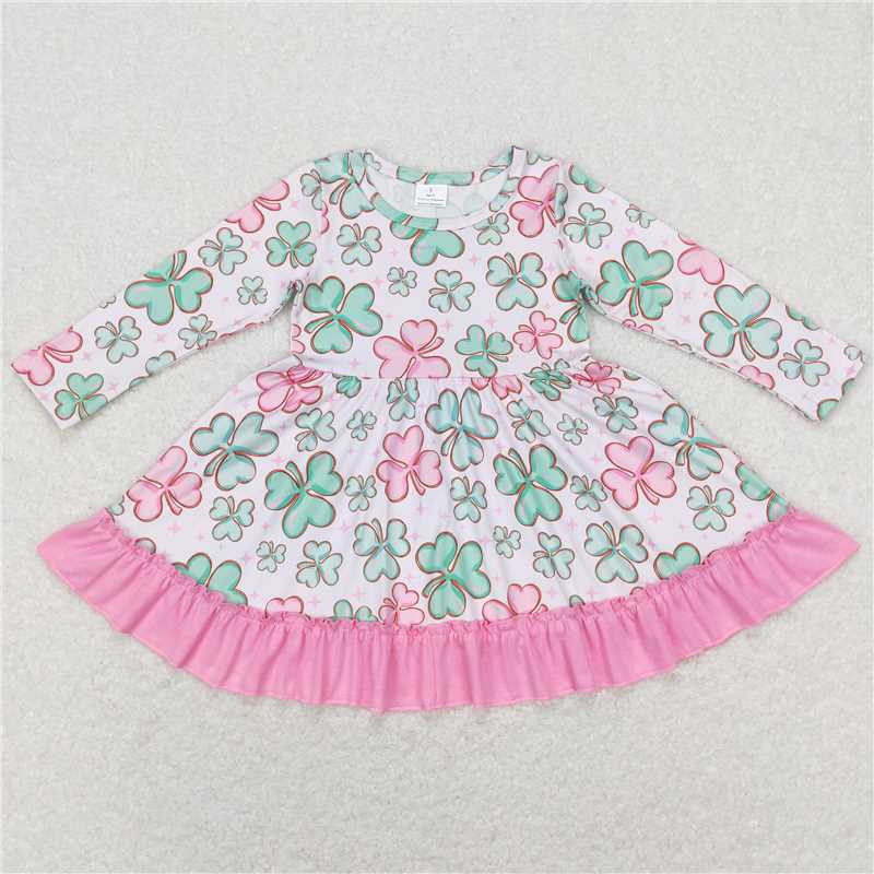 12.22 RTS NO MOQ （In stock）GLD0503 Baby Girls Pink Ruffle St Patrick Day Quatrefoil Twirl Dresses