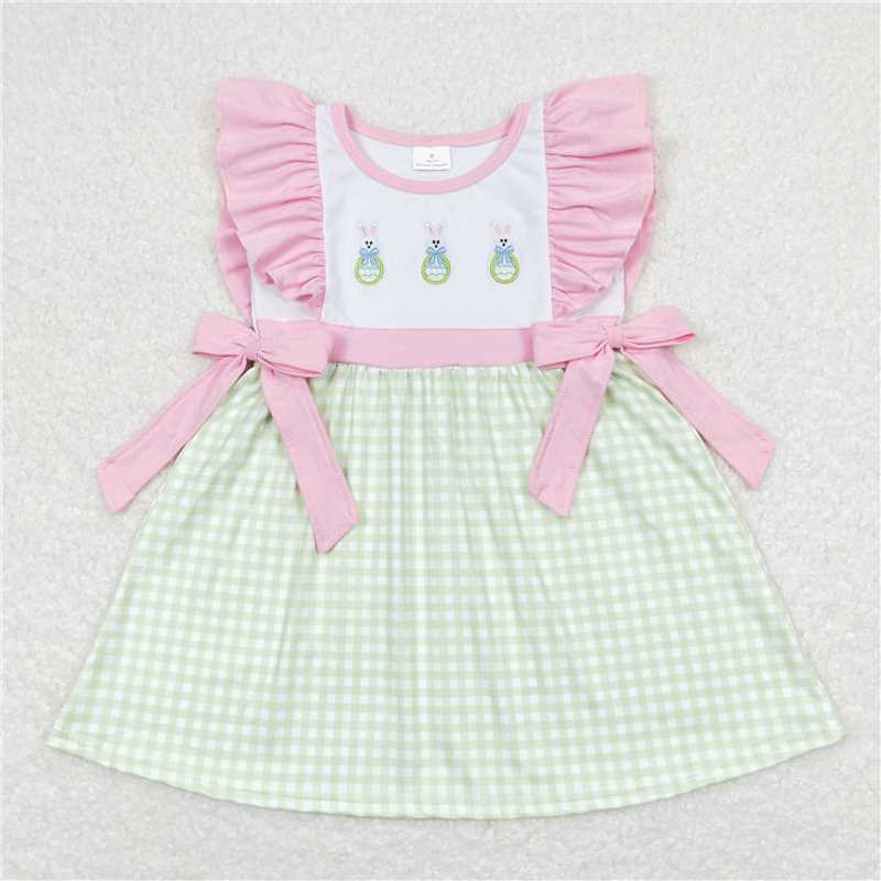 GSD0601 Embroidery Egg bunny pink green plaid kids girls easter dresses