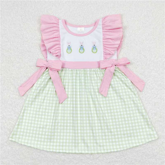 GSD0601 Embroidery Egg bunny pink green plaid kids girls easter dresses