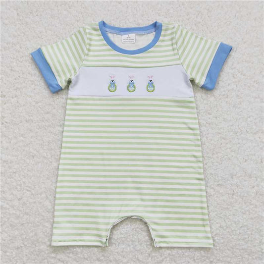 SR0704 Embroidery Baby Infant Boys Easter Rabbit Eggs Short Sleeve Rompers