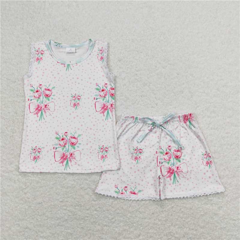 GSSO0693Sleeveless pink floral baby girls summer outfits