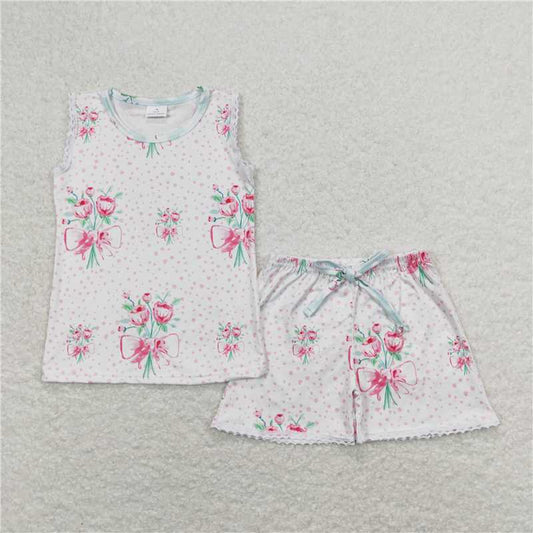 GSSO0693Sleeveless pink floral baby girls summer outfits