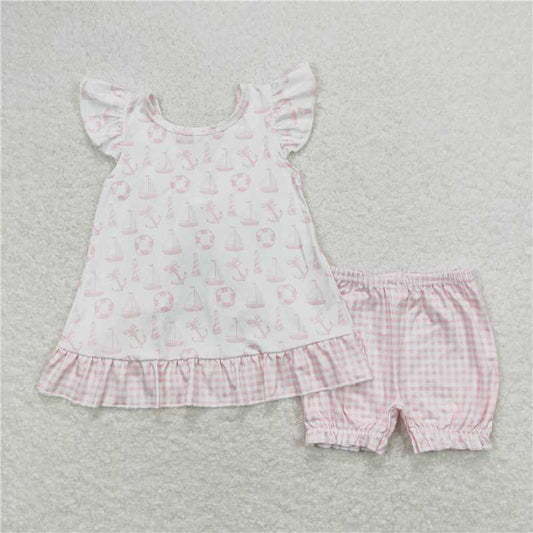 GSSO0748Pink anchor boat tunic plaid shorts girls summer clothes