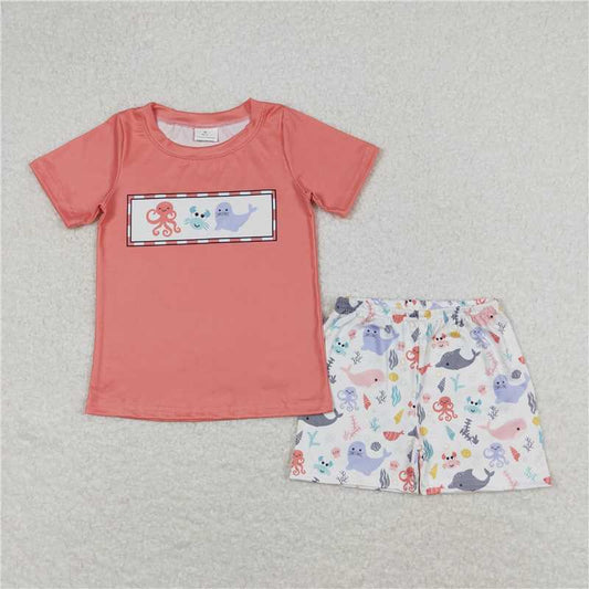 BSSO0671 Baby Boys Octopus Crab Sea Lion Shirt Shorts Clothes Sets