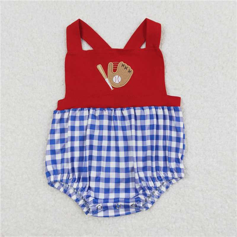 SR0616 Baby Infant Boys Baseball Red Blue Checkered Rompers